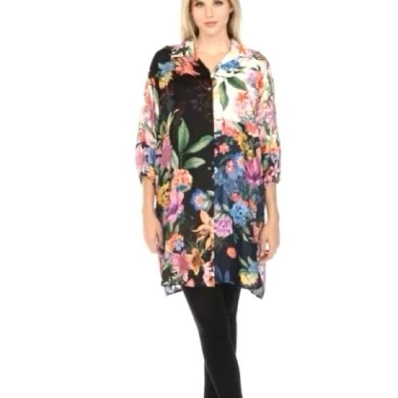 NEW Johnny Was Neon Jungle Mix Easy Patchwork Button Tunic Dress Silk Size L - Picture 2 of 16
